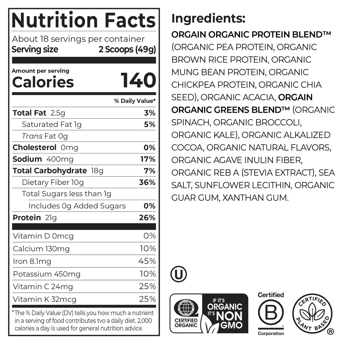 Organic Protein™ & Greens Plant Based Protein Powder - Creamy Chocolate Fudge - Image 2